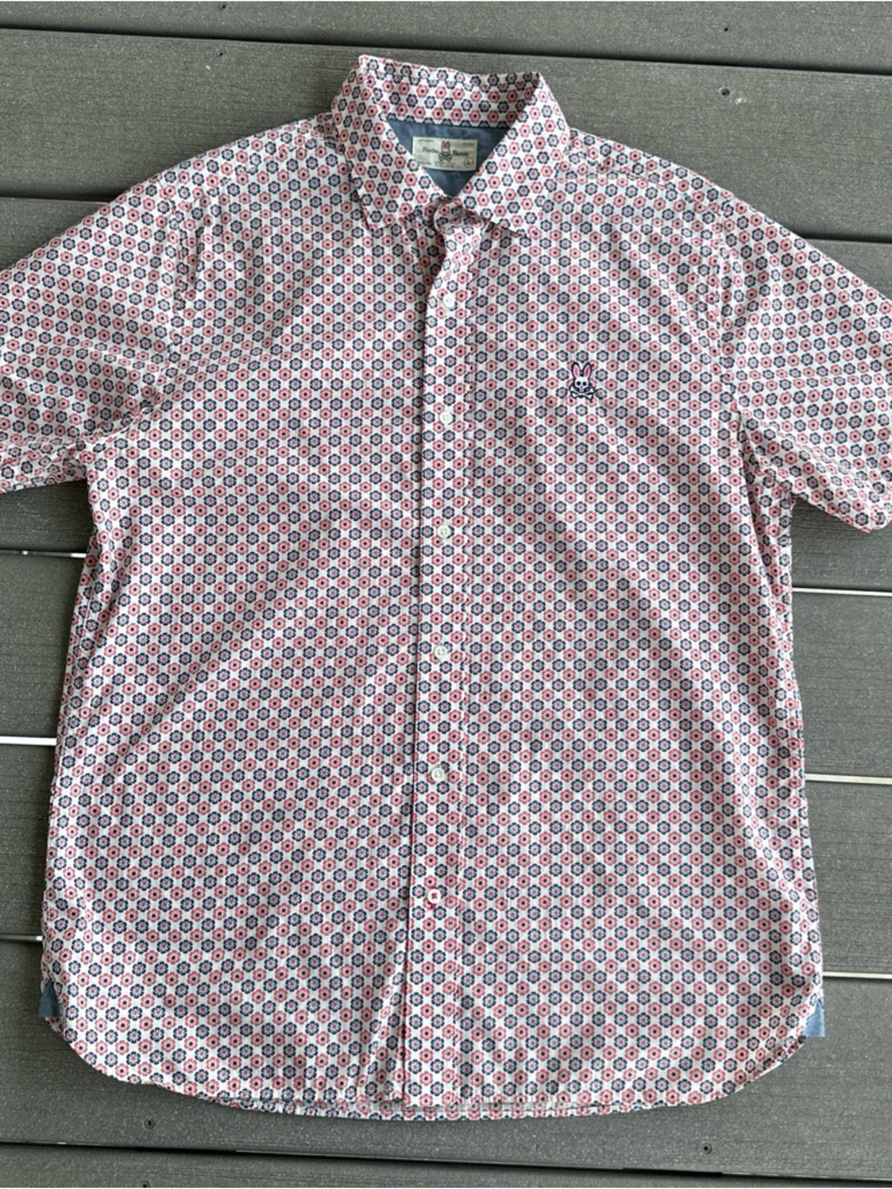 Psycho Bunny Shirt Men’s Size L Blue Pink Floral Button Up Short Sleeve